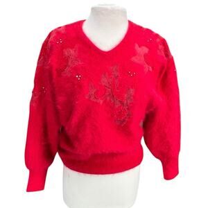 CHRISTINE Women VTG 90s Mohair Angora Fur Suede Beaded Sweater Sz L Glam Holiday